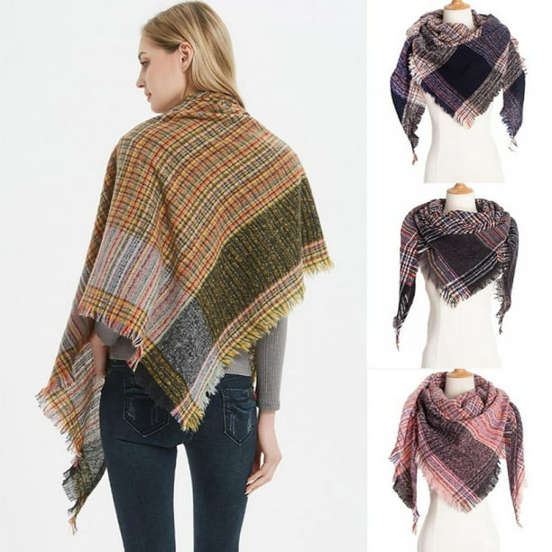 Winter Triangle Wraps Scarf For Women Shawl Cashmere Plaid Scarves Blanket 